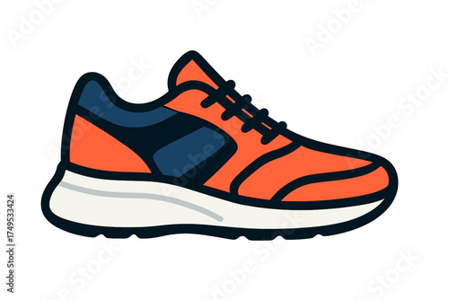 Bright orange and navy blue athletic running shoe icon design on a clean white background