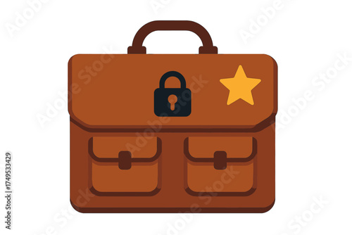 Brown leather briefcase featuring a security padlock and golden star icon