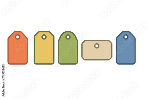 Five blank colorful price tags and labels set in various geometric shapes for retail design