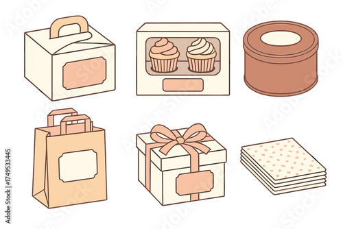 Set of various dessert and gift packaging containers including boxes, shopping bags, and a round tin