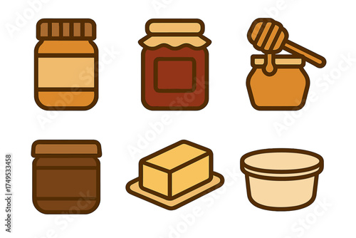 Jars and containers of sweet and savory breakfast spreads including honey, jam, peanut butter, and butter