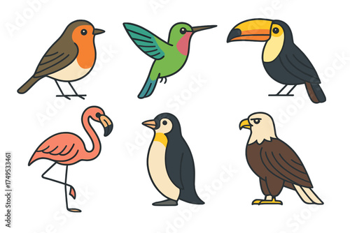 Six colorful diverse bird species set featuring tropical, temperate, and polar fauna