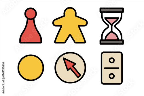 Colorful board game icons including pawn, meeple, hourglass, and domino tile