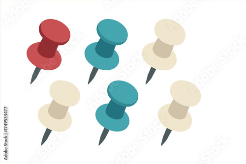 Six colorful pushpins and thumbtacks arranged diagonally for office organization
