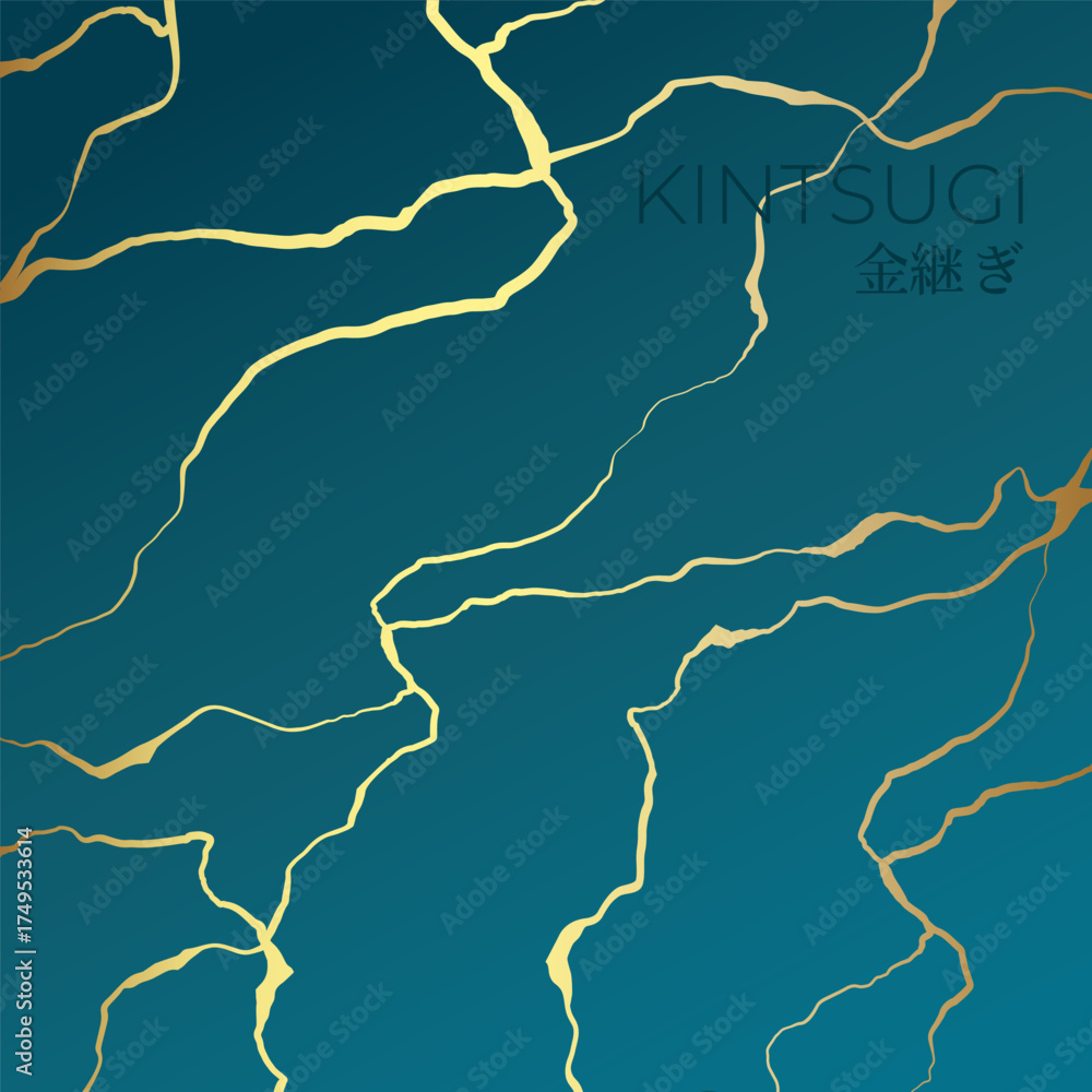 Fototapeta premium A square background in the Kintsugi style. Golden Kintsugi cracks on a sea green background. Vector illustration