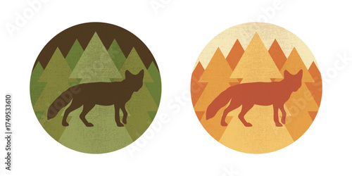 Round emblems with a fox silhouette on forest background. Forest animal. Vector illustration