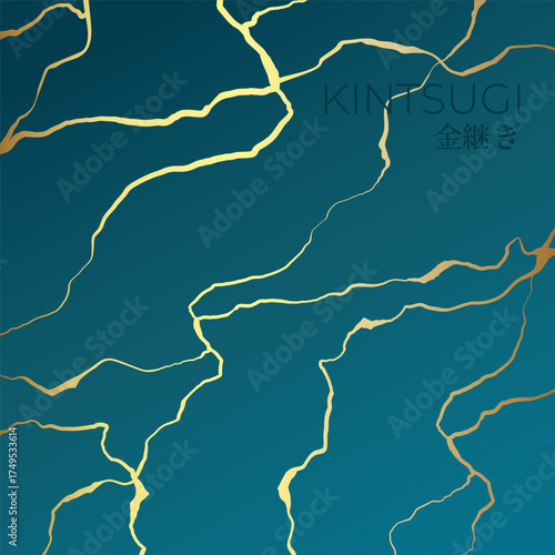 A square background in the Kintsugi style. Golden Kintsugi cracks on a sea green background. Vector illustration