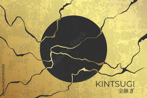 Kintsugi style golden background. Circle with golden Kintsugi cracks. Japanese repairing art. Vector illustration