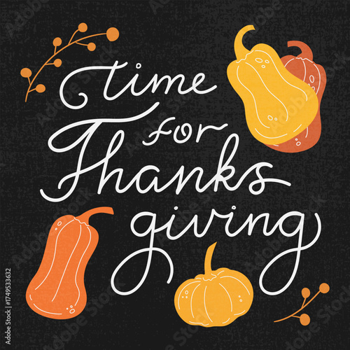 Minimal Thanksgiving Day greeting card with a calligraphy hand drawn pumpkins and berries. Vector illustration