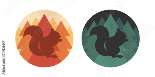 Round emblems with a squirrel silhouette on forest background. Forest animal. Vector illustration