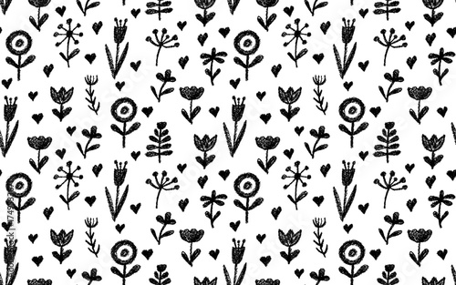 Seamless floral bg featuring bloom, heart and folk ornament. Boho sketch illustration drawn for minimalist collage, trendy decor, fashion market print, isolated love art. Black white vector pattern