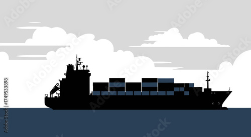 Silhouette of a large cargo container ship sailing on the open sea, illustrating global trade, logistics, and maritime transport