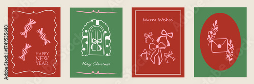 Christmas card designs set. Modern winter template cute hand drawn vector flat elements. Vintage italian whimsical style for greeting, poster, label, tag, packaging branding. Green and red background.