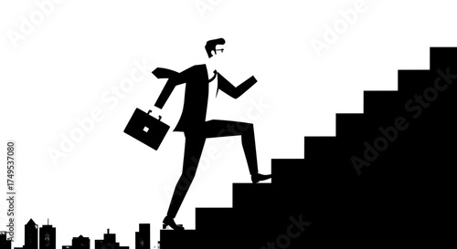 Ambitious businessman climbing career steps with determined energy, ready to conquer new challenges and achieve success, a symbol of growth and corporate achievement