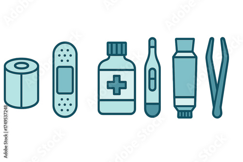 Essential first aid kit supplies icons featuring bandage tape thermometer and ointment