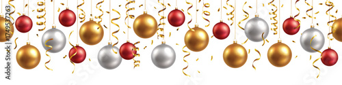 Christmas vector decorative seamless pattern with metallic shiny baubles, gold streamers and confetti on white background