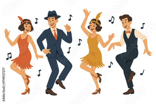 Couples dancing Charleston or swing in vintage 1920s flapper style attire