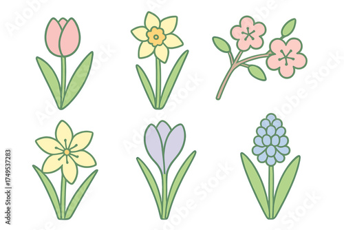Six stylized spring flower icons in soft pastel colors
