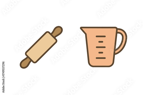 Set of baking implements including rolling pin and measuring cup icons