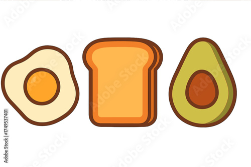 Simple icons of fried egg toast and avocado halves for breakfast