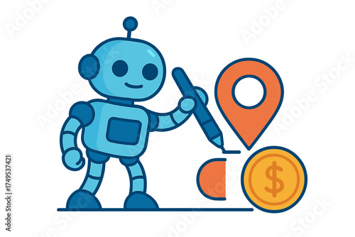 Friendly robot character plots financial route on digital map