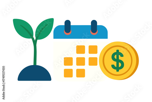 Seedling growth calendar and financial coin concept timeline