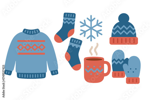 Set of cozy winter clothing items and hot beverage icons