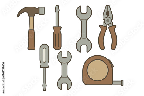 Collection of assorted hand tools including hammer, screwdrivers, wrenches, pliers, and tape measure