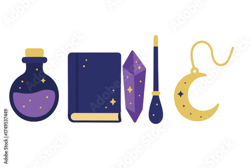Mystical occult objects collection featuring potion, spell book, crystal, wand, and moon charm