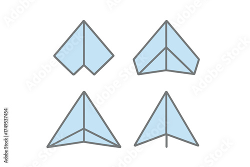 Four stylized paper airplane folding diagrams and resulting shapes