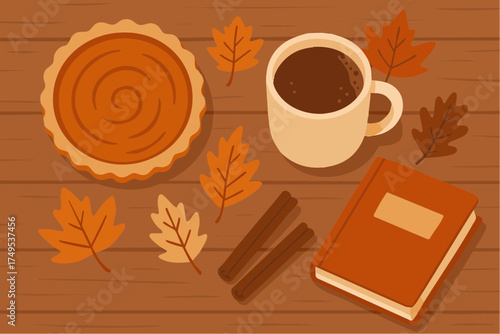 Coffee with Pumpkin Pie and Autumn Leaves
