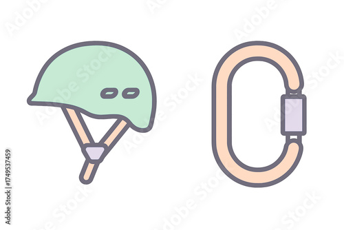 Climbing Safety Equipment Icons with Helmet and Carabiner