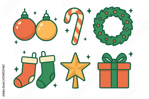 Set of colorful Christmas holiday icons including ornaments, candy cane, wreath, and gift