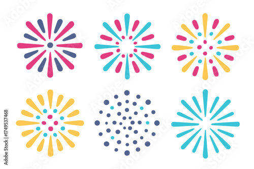 Stylized colorful firework bursts and explosions icons set