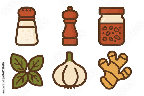 Essential cooking ingredients set including salt shaker, pepper grinder, spice jar, basil, garlic, and ginger