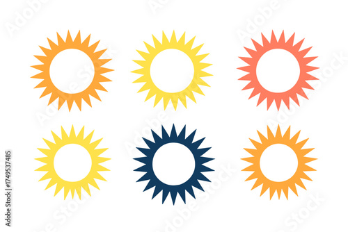 Six vibrant sun shapes with pointed rays in orange, yellow, coral, and navy blue
