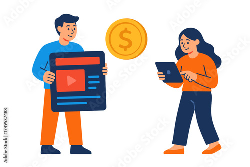 Man and woman discussing digital monetization strategy using screen, tablet, and large dollar coin