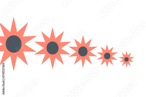 Five abstract starburst elements aligned horizontally in coral and dark gray