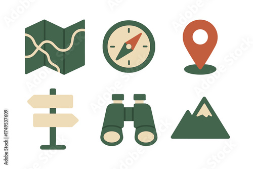 Map, compass, location pin, signpost, binoculars, and mountain symbols for outdoor adventure and navigation