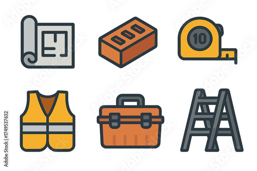 Construction tools set including safety vest, ladder, brick, measuring tape, and blueprint