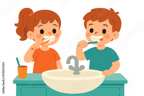 Young children practicing dental hygiene routine by brushing teeth at the sink