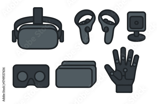 Set of virtual reality and extended reality hardware devices including VR headset, controllers, and tracking glove