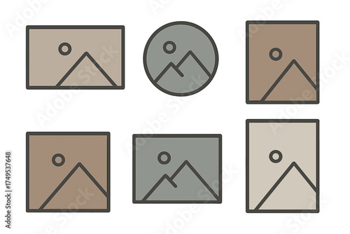 Six abstract image gallery icons featuring mountain landscapes and sun symbols
