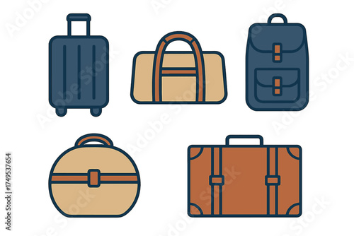 Diverse travel luggage featuring rolling suitcase duffel bag backpack and vintage trunk