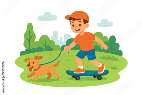 Happy boy skateboarding with his dog on a leash in a green park during summer