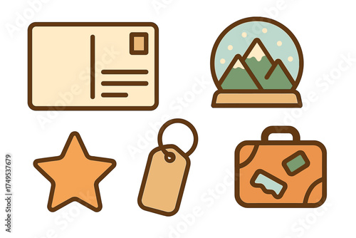 Minimalist collection of travel and holiday objects: postcard, snow globe, star, tag, and suitcase