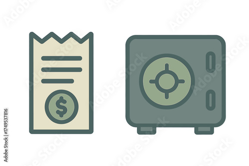 Paper receipt showing dollar sign next to a closed metal safe box representing financial security