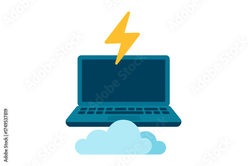 Laptop computer with lightning bolt above cloud symbolizing fast data transfer and computing