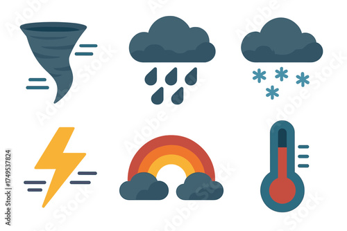 Collection of six essential weather forecast icons for tornado, rain, snow, lightning, rainbow, and temperature