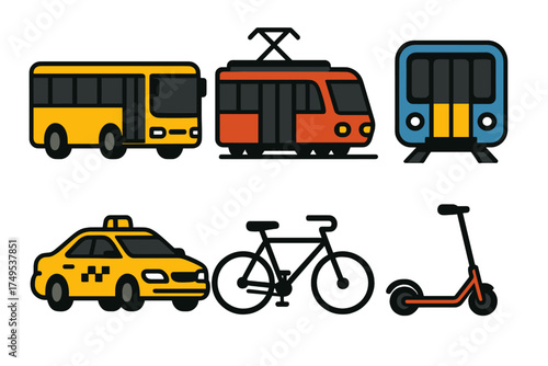 Public and private urban transport icons including bus, tram, subway, taxi, bicycle, and electric scooter